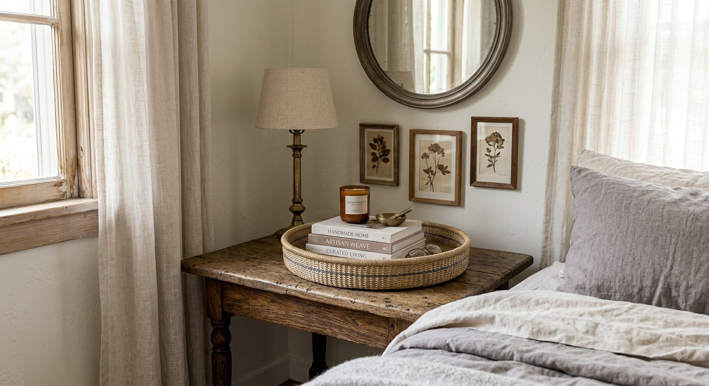 Woven tray styled on a bedside table