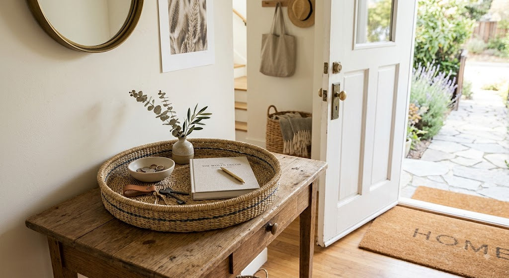 Woven tray styled on an entryway table