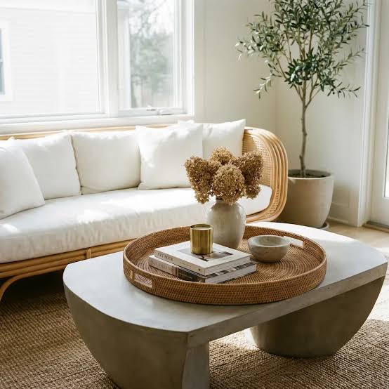 Woven tray styled on a living room coffee table