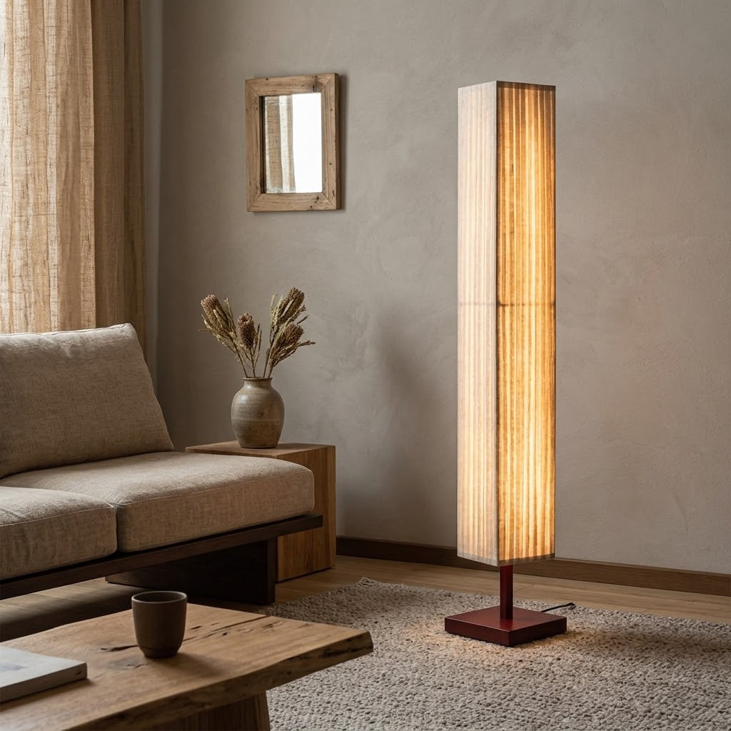 A woven floor lamp lit beside a low timber sofa in a plaster-walled room